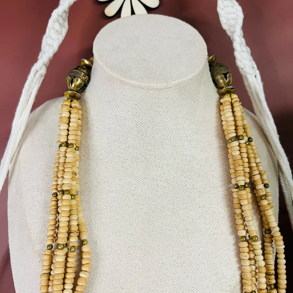 Vintage Bone and Brass Beaded Necklace Ethnic Tribal Statement 1970s Hippie Boho